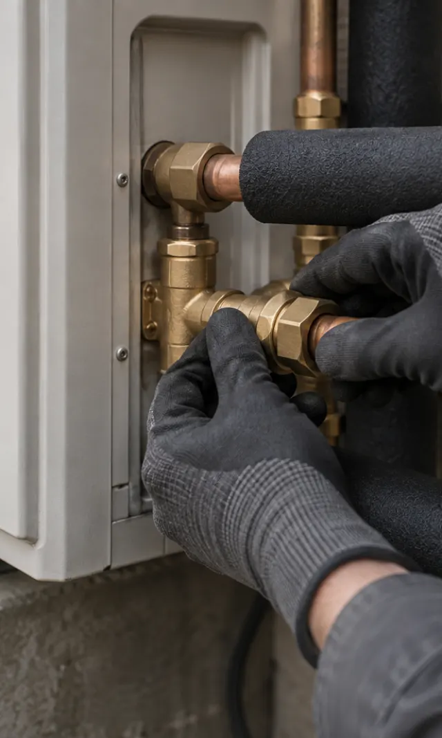 Hands in work gloves tightening a fitting on insulated copper pipework