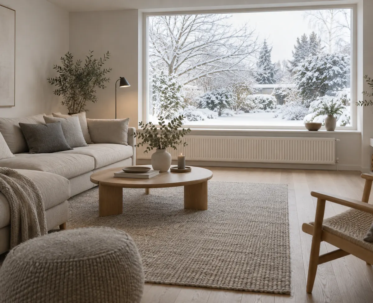 A calm living room in winter with a radiator under the window